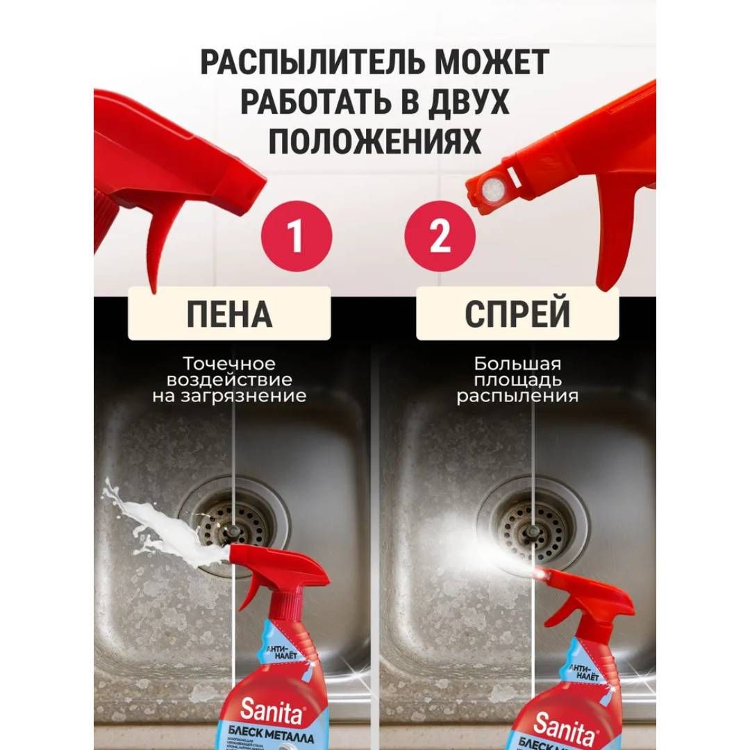 Средство для удаления извести, налета и ржавчины Sanita "Блеск металла", спрей, 500 мл / Чистящие средства №4