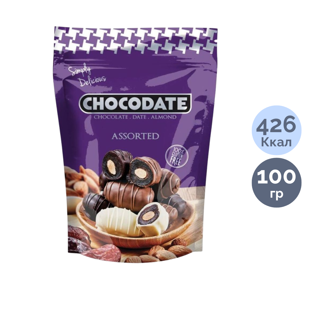 Шоколадтағы құрмалар Chocodate, ассорти, 100 гр / Кәмпиттер oe.kz Шоколадтағы құрмалар Chocodate, ассорти, 100 гр / Кәмпиттер