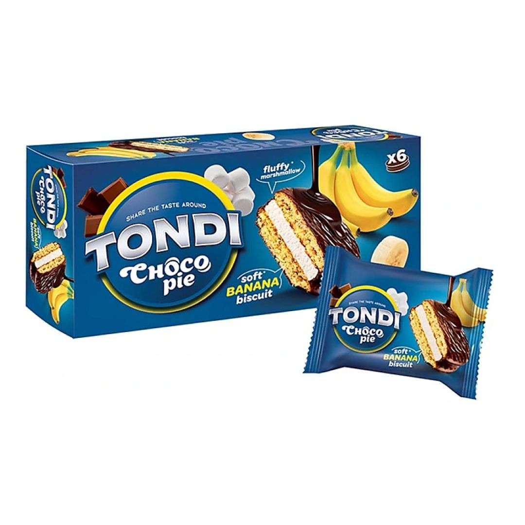 Бисквит Choco Pie «Tondi», банановый вкус, 180 гр, 6 штук в коробке / Печенье, вафли, крекеры