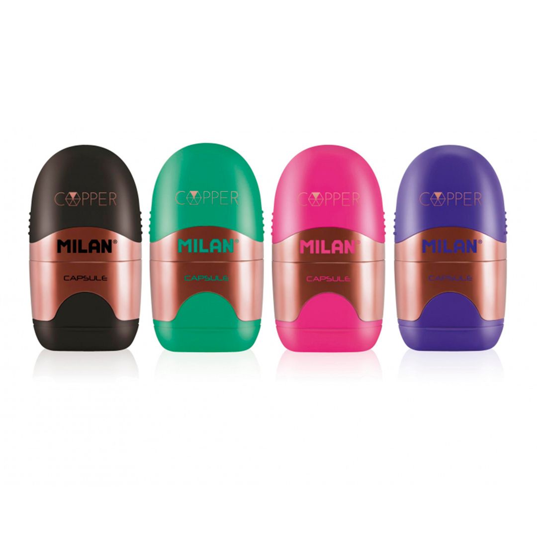 Точилка Milan "Capsule Copper" пластиковая, с контейнером, с ластиком, ассорти, цена за штуку / Точилки