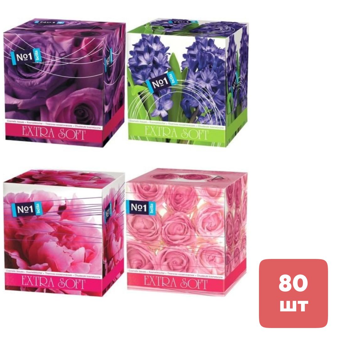 Салфетки Bella "№1 Extra Soft", 2-х слойные, 80 шт., размер листа 19,5*19,5 см, ассорти / Салфетки бумажные