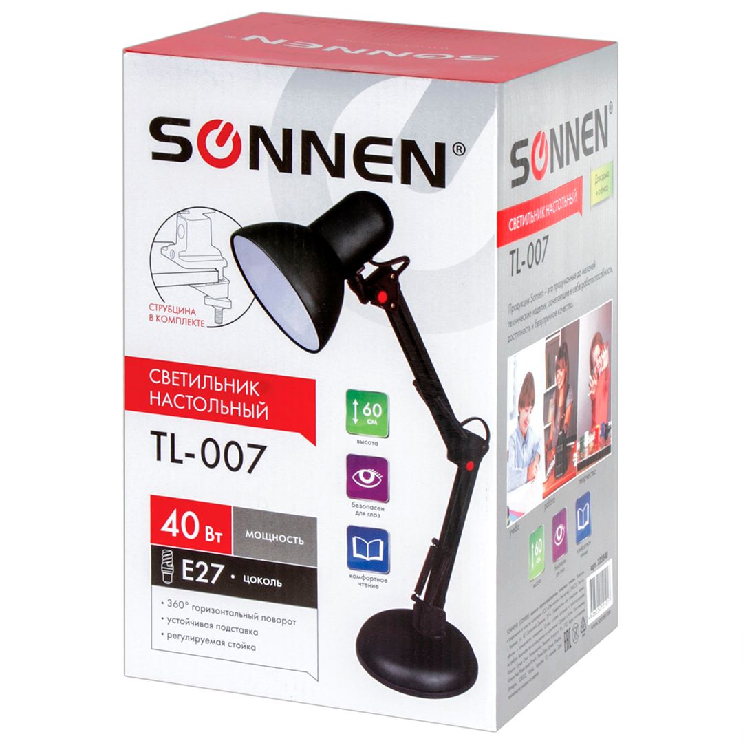 Светильник настольный Sonnen TL-007, на подставке+струбцина, черный / Светильники настольные №8