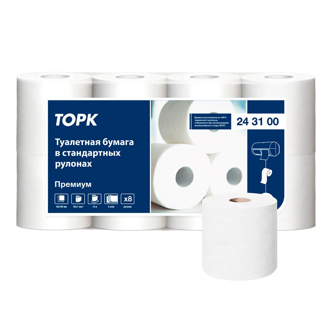 Туалетная бумага рулонная Tork "Premium", 15 метров, 3-х слойная, 8 рулонов, белая / Бумага туалетная бытовая