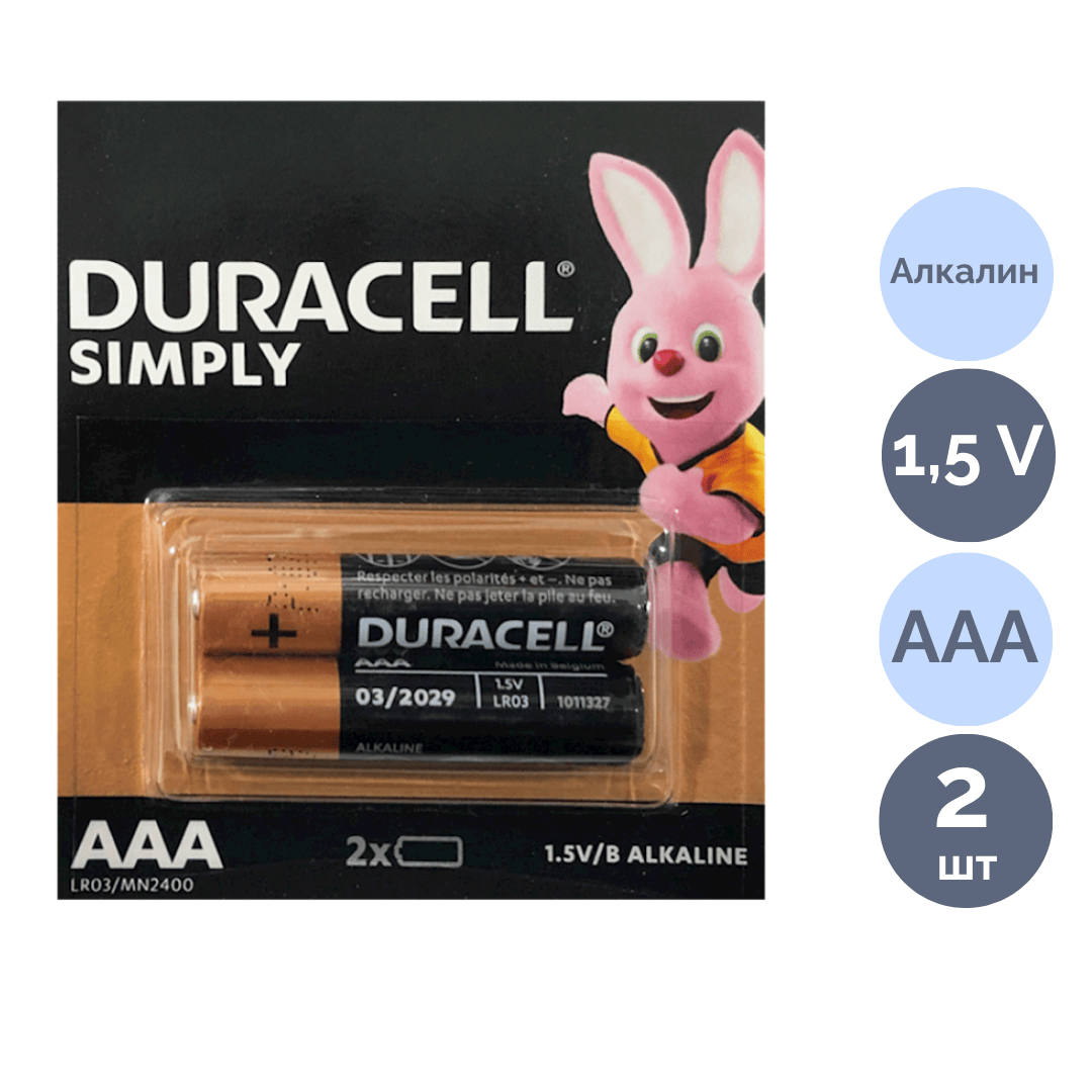 Батарейки Duracell Simply, мизинчиковые AAA LR03, 1,5 V, 2 шт. в блистере / Батарейки