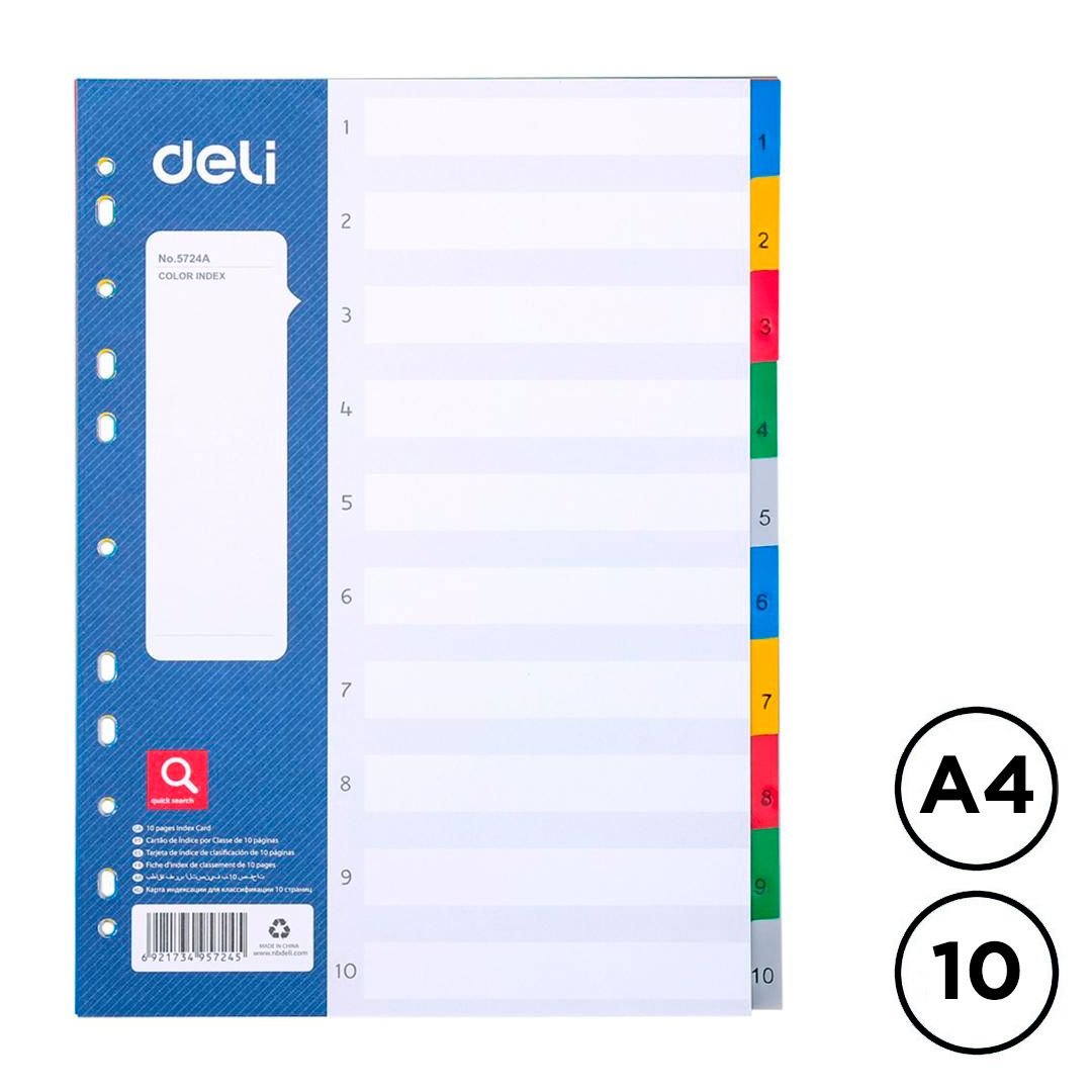 Папкаларға арналған пластикалық ажыратқыш Deli А4, 10 бөлімді, 5 түсте / Ажыратқыштар