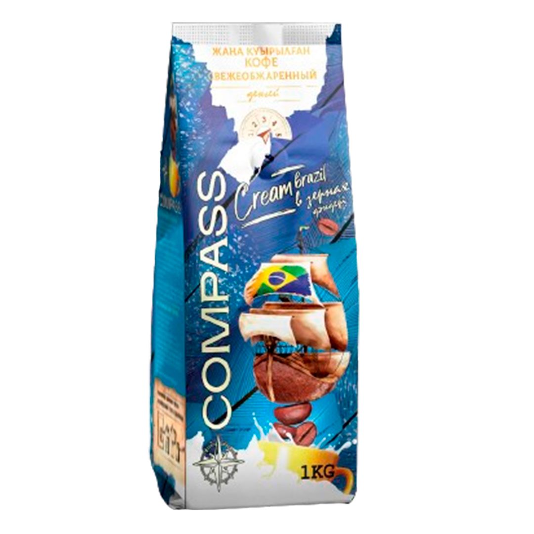 Кофе в зернах Compass "Cream Brazil", 100% арабика, средняя обжарка, 1000 гр / Кофе зерновой