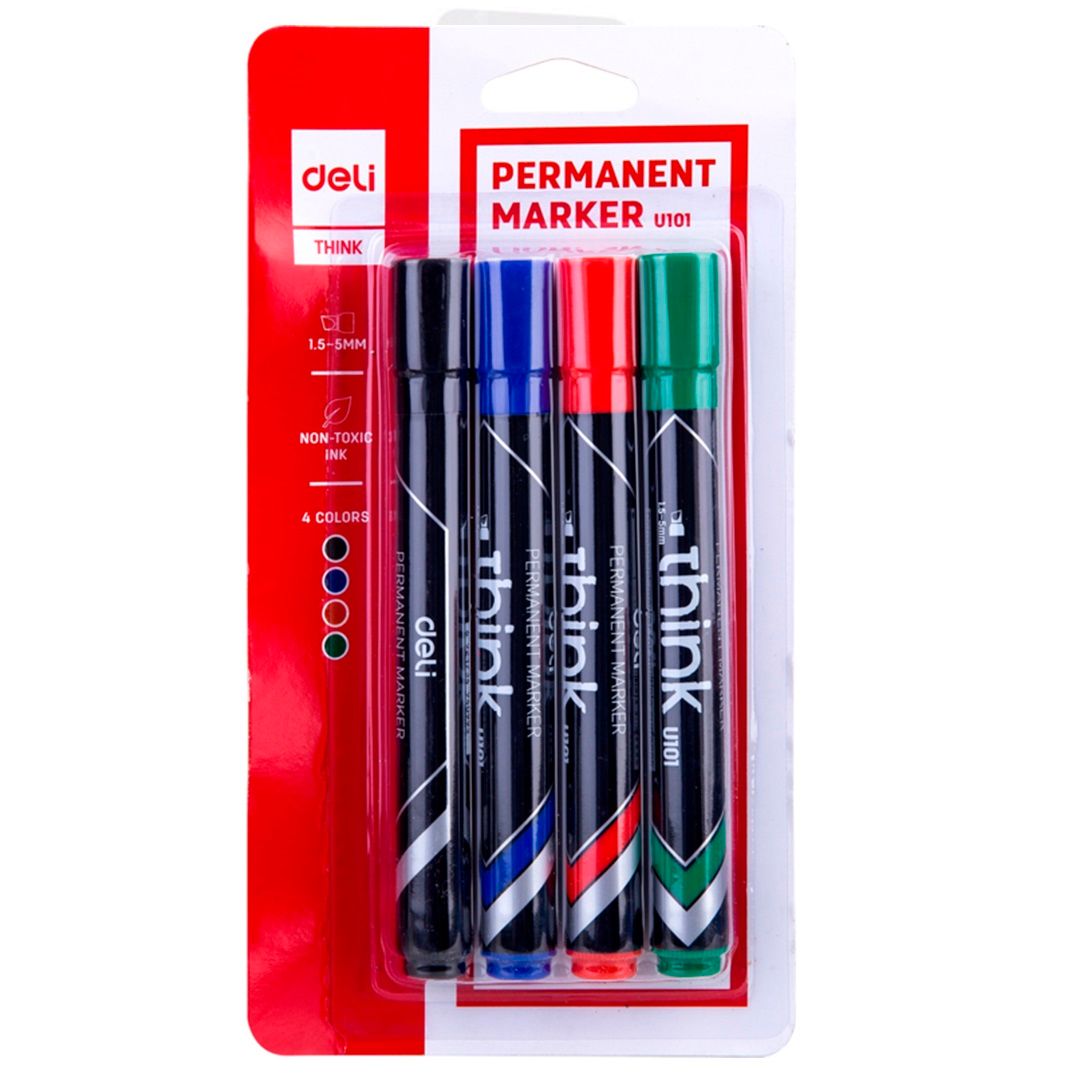 Перманентті маркерлер жинағы Deli, ұшы қиғашталған 1,5-5 мм, 4 дана, баға қапт. үшін / Перманентті өшірілмейтін маркерлер