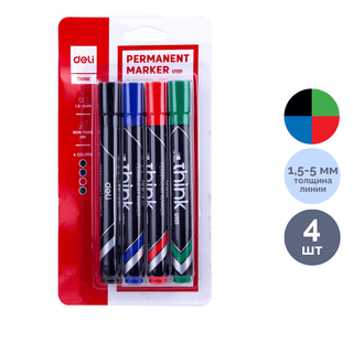 Перманентті маркерлер жинағы Deli, ұшы қиғашталған 1,5-5 мм, 4 дана, баға қапт. үшін / Перманентті өшірілмейтін маркерлер