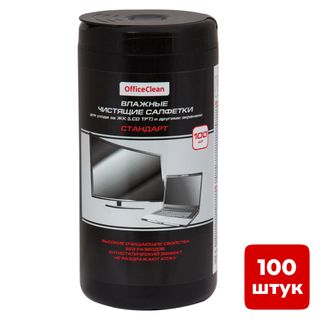 Туба с влажными чистящими салфетками для экранов OfficeClean "Стандарт", 100 шт/туба / Салфетки в тубе