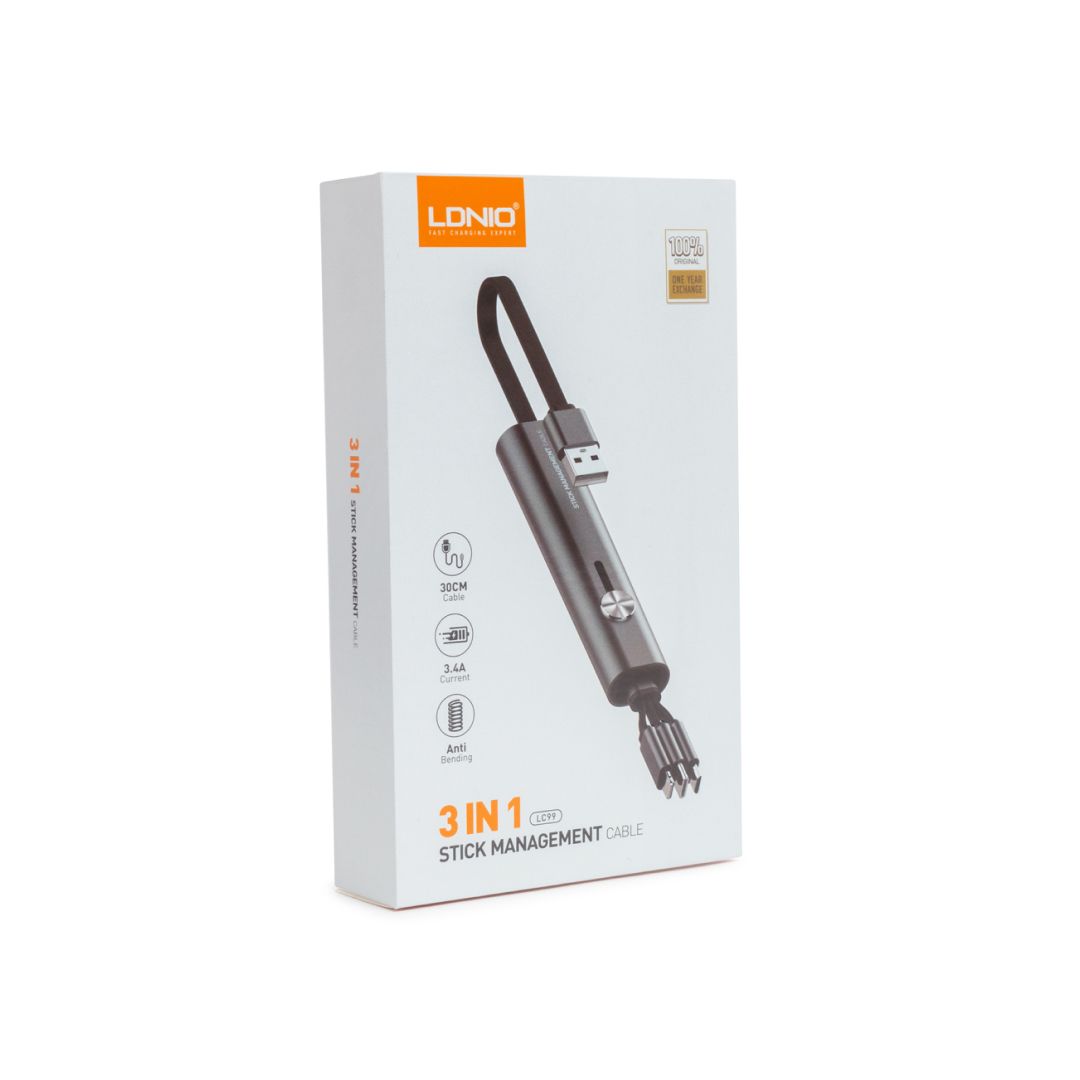 Интерфейстік кабель LDNIO 3 in 1 cable LC99, USB - Type-C/Lightning/MicroUSB, 30 см, сұр