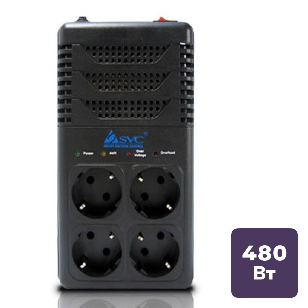 Стабилизатор напряжения SVC AVR-1008-G, 800ВА/480Вт, 4 розетки, черный / Источники бесперебойного питания
