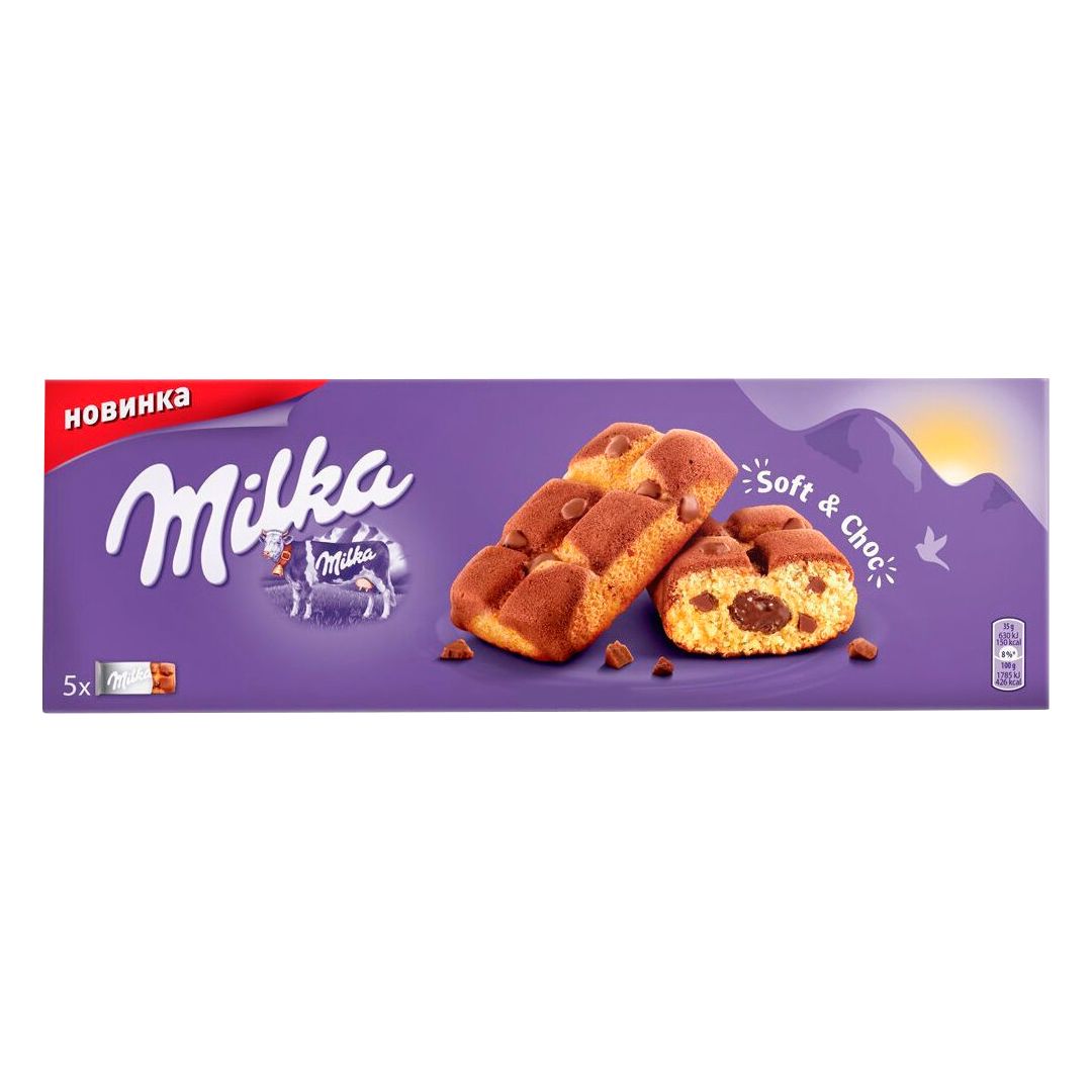 Бисквитное пирожное "Milka" с шоколадной начинкой и кусочками молочного шоколада, 175 гр