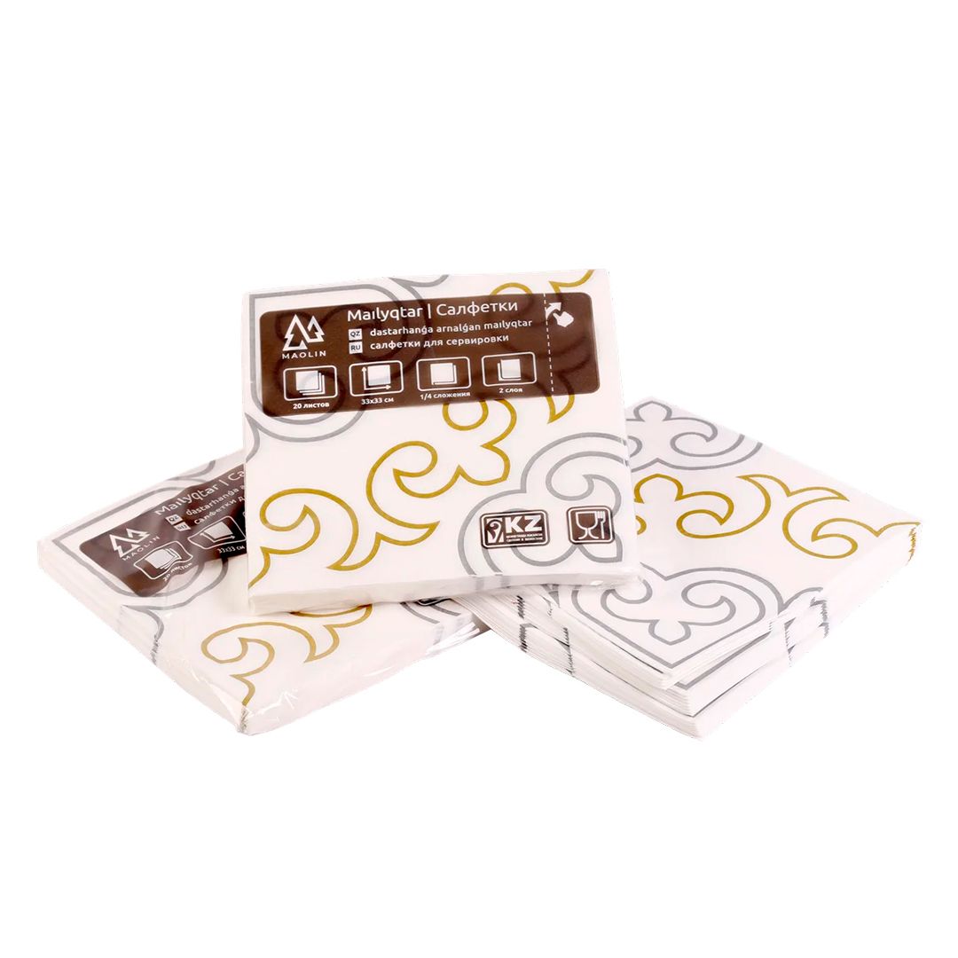 Салфетки Маолин 2-х слойные, 20 шт., с тиснением, размер листа 330*330 мм, с рисунком, белые / Салфетки бумажные №2