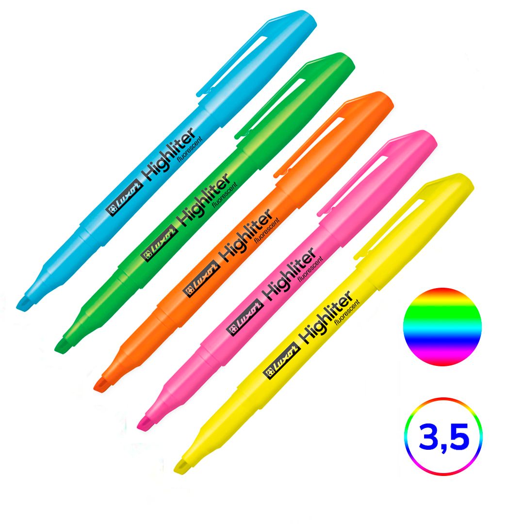 Набор текстмаркеров Luxor "Highliter Fluroscent", скошенный наконечник 1-3,5 мм, 5 цветов, 12 шт/уп. / Текстовыделители