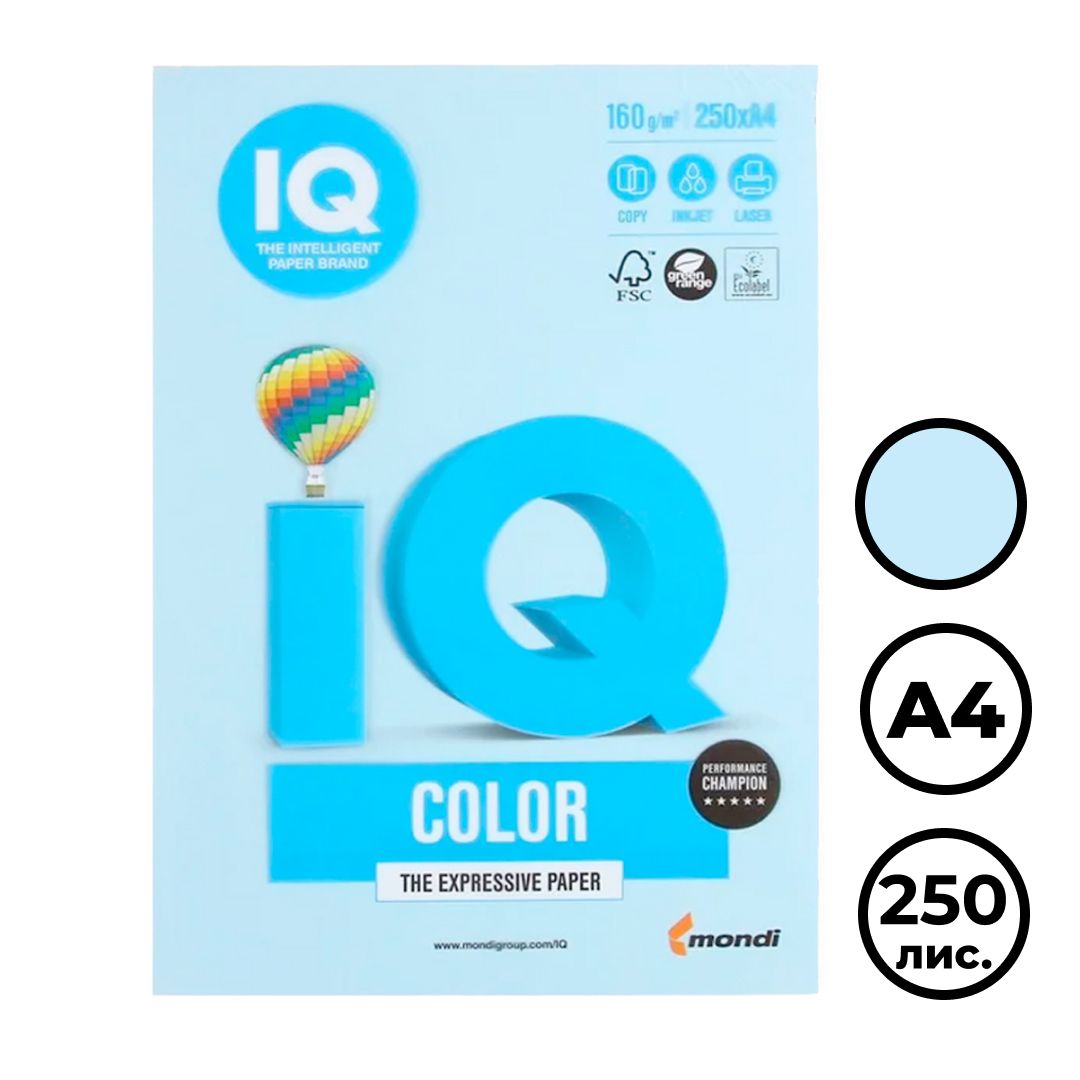 Бумага IQ Color Pale, А4, 160 г/м2, 250 листов, голубой лед / Бумага цветная