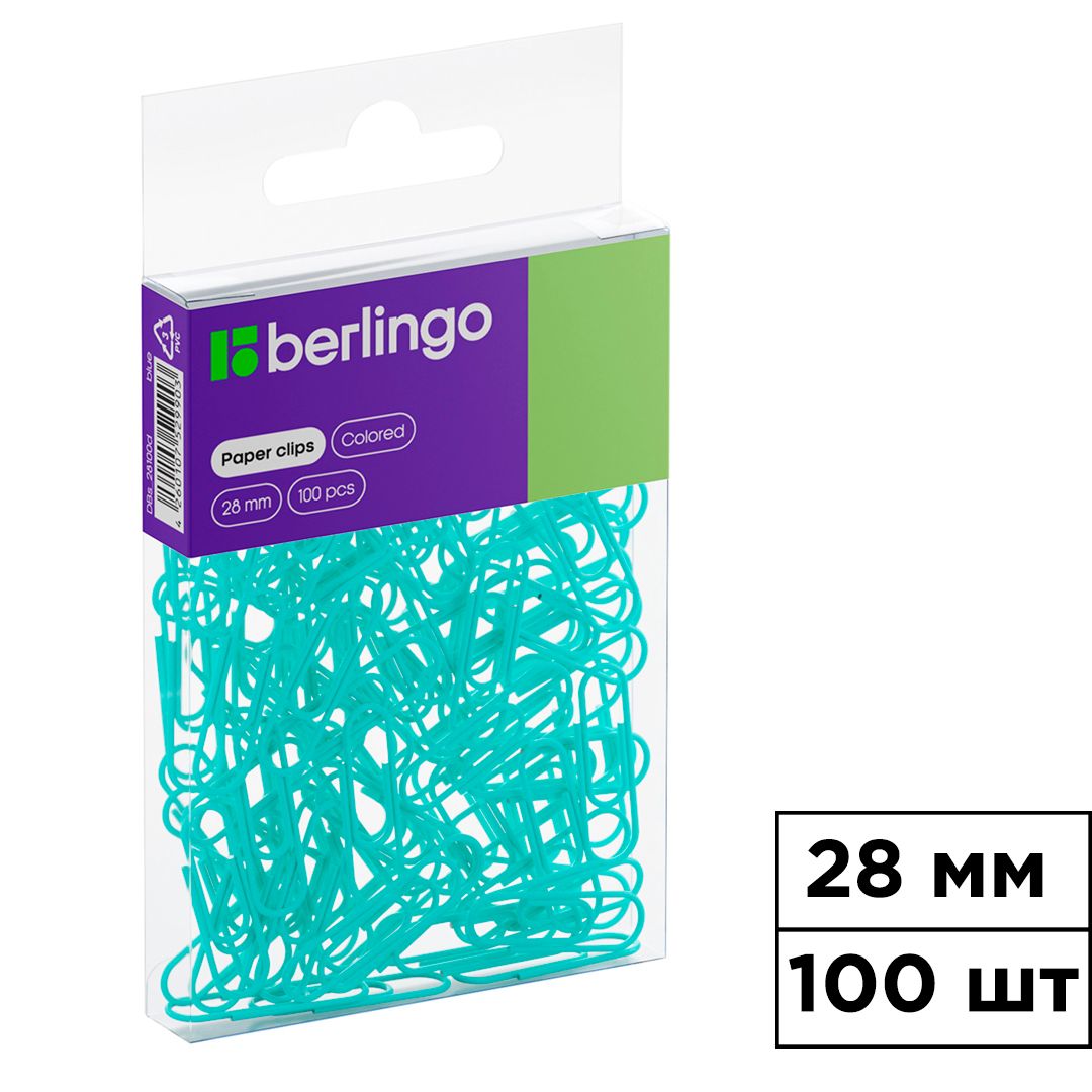 Скрепки канцелярские Berlingo, 28 мм, 100 шт., металлические, голубые / Скрепки канцелярские