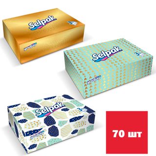 Салфетки Selpak "Mini", 3-х слойные, 70 шт., размер листа 21,5*16 см, в картонном боксе, белые / Салфетки бумажные