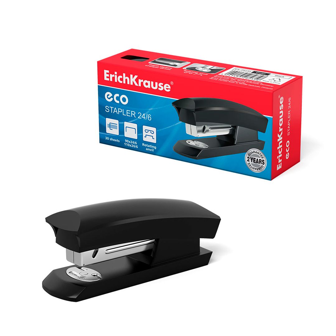 Степлер сшивает до 30 листов, Erich Krause "Eco", № 24/6, 26/6, пластиковый, черный / Степлеры