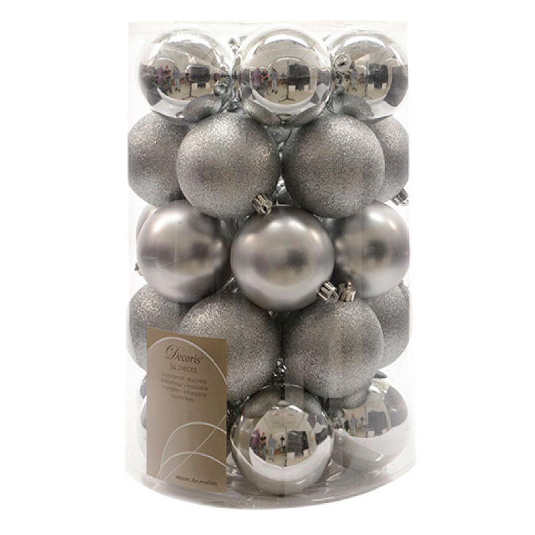 Набор пластиковых шаров, 80 мм, серебристый, глянцевый, матовый, 34 шт/упак / Елочные украшения