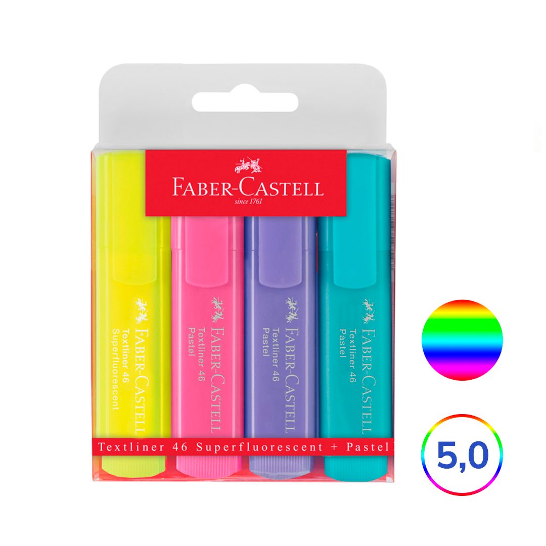 Набор текстмаркеров Faber-Castell "46 Superfluorescent+Pastel", скошенный наконечник 1-5 мм, 4 цвета / Текстовыделители