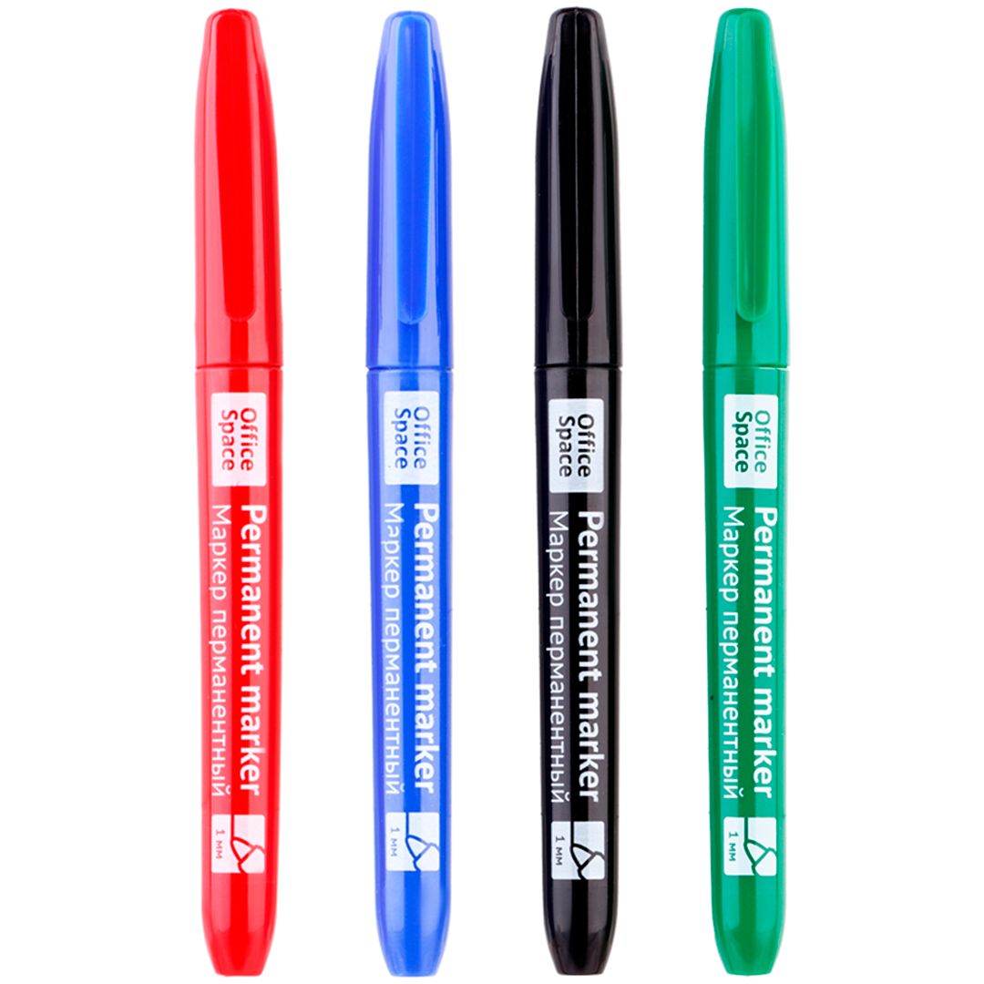 Набор маркеров перманентных OfficeSpace, пулевидный, 1 мм, 4 шт., цена за упаковку / Маркеры перманентные нестираемые №2