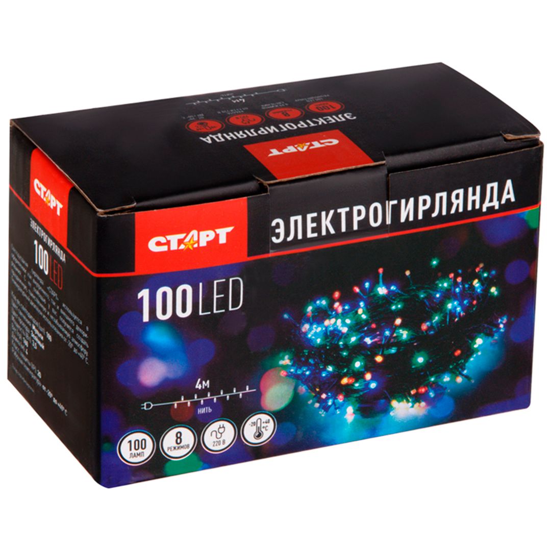 Электрогирлянда Старт "Нить", 100 ламп, мультиколор, 8 режимов, 4 м / Электрогирлянды №2