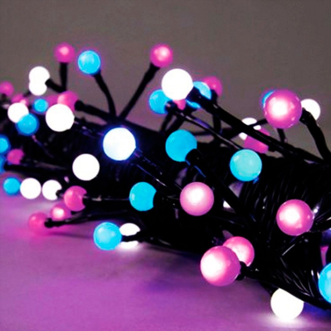 Гирлянда светодиодная "Жемчуга", общая длина 18 м, 80 диодов, бело-сине-розовая / Электрогирлянды