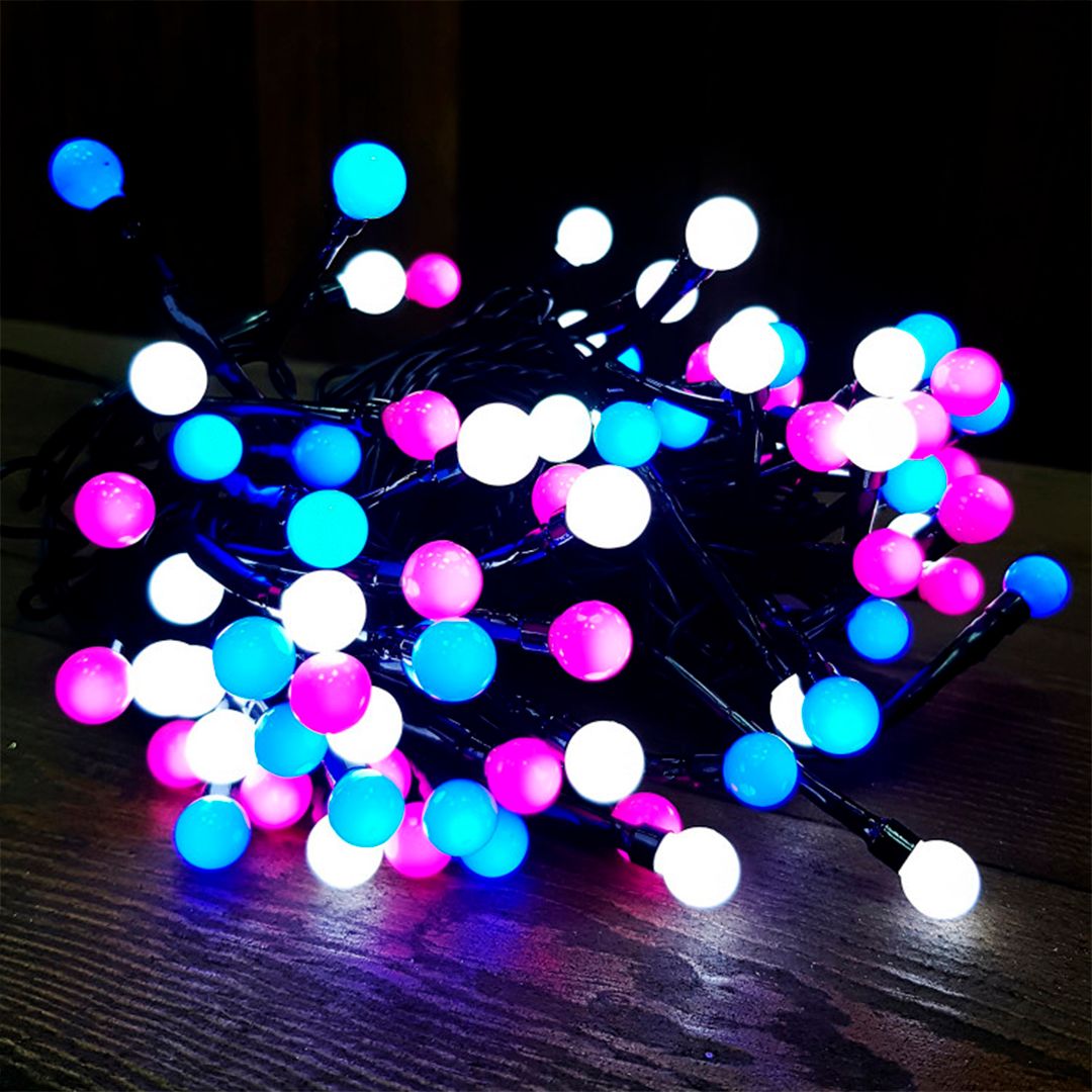 Гирлянда светодиодная "Жемчуга", общая длина 18 м, 80 диодов, бело-сине-розовая / Электрогирлянды №2