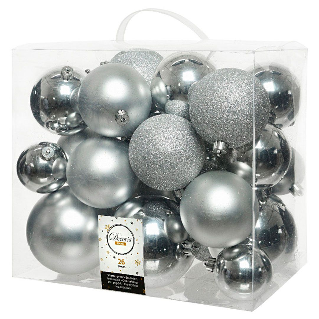 Набор пластиковых шаров, 60/80/100 мм, серебристый, 26 шт/упак. / Елочные украшения oe.kz Набор пластиковых шаров, 60/80/100 мм, серебристый, 26 шт/упак. / Елочные украшения