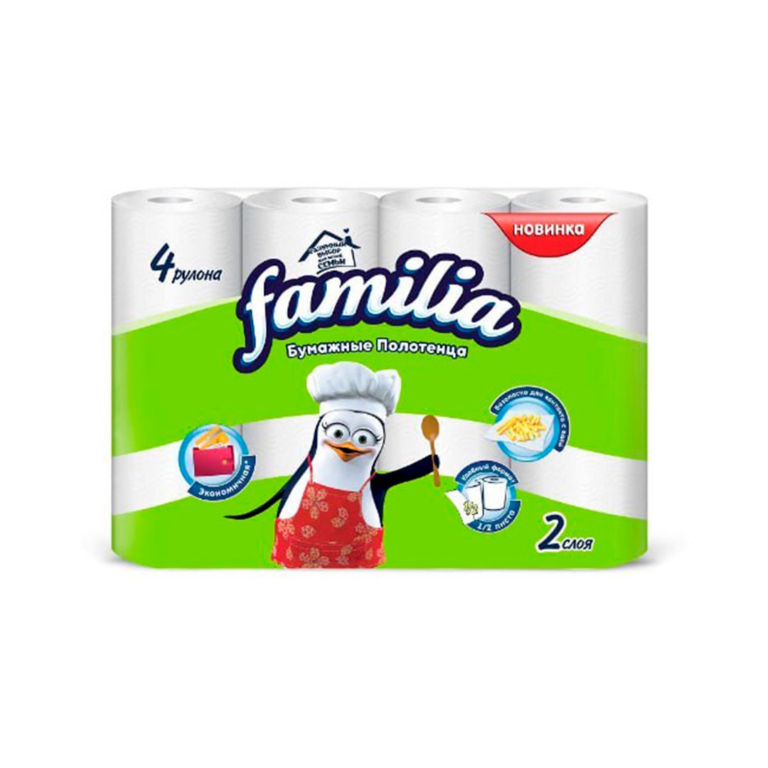 Полотенца бумажные Familia, 2-х слойные, 4 рулона в упаковке, 9,6 м, белые / Полотенца бытовые