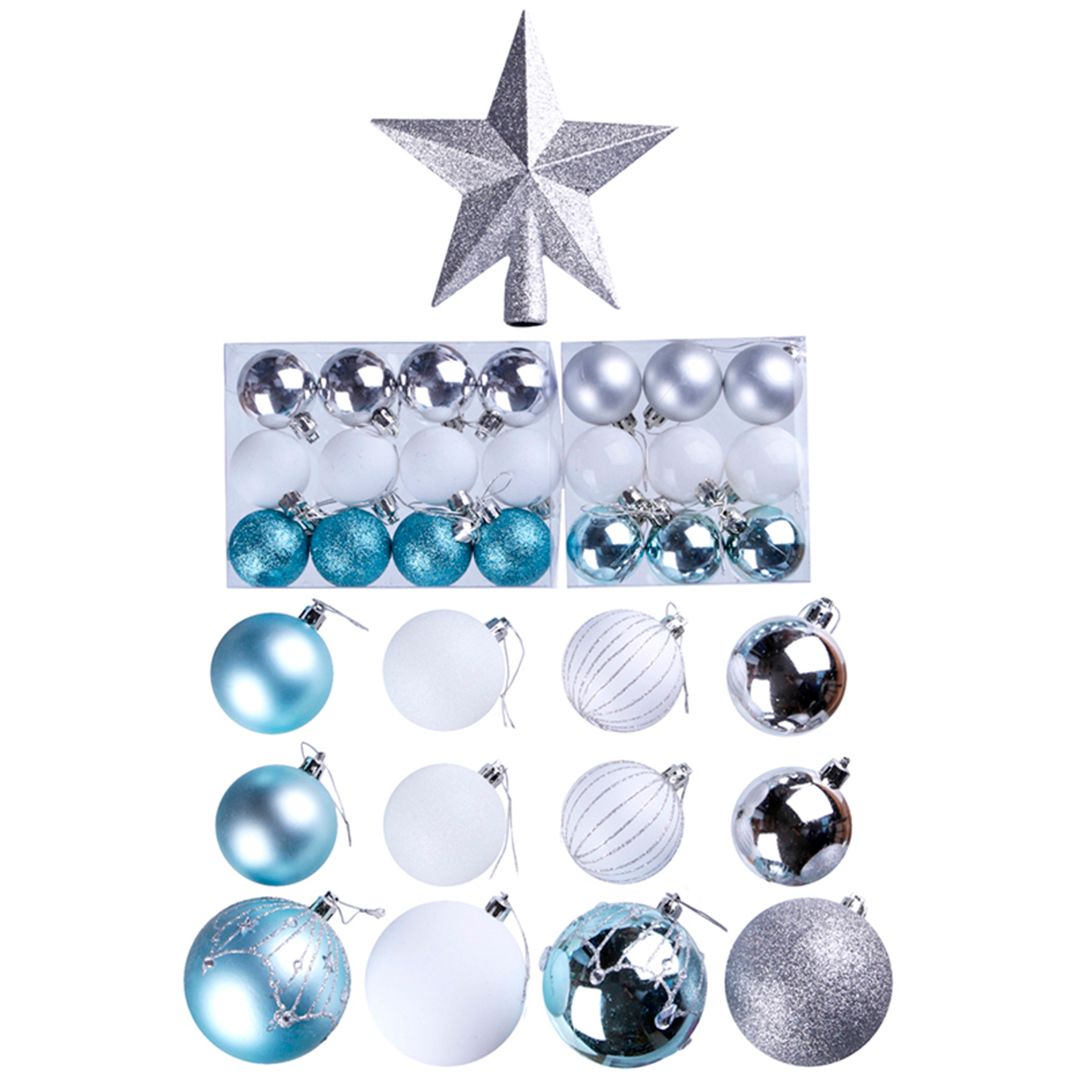 Набор пластиковых шаров "Ассорти" (шар 80 мм/60 мм/40 мм, верхушка-звезда), 34 шт / Елочные украшения oe.kz Набор пластиковых шаров "Ассорти" (шар 80 мм/60 мм/40 мм, верхушка-звезда), 34 шт / Елочные украшения