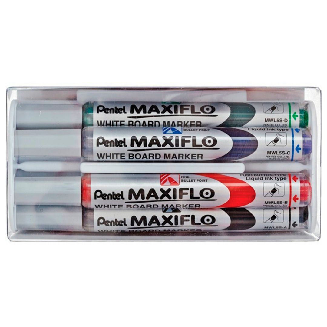 Набор маркеров для доски Pentel "Maxiflo", пулевидный наконечник, 4 мм, ассорти, 4 шт + губка/упак / Маркеры для досок №3 oe.kz Набор маркеров для доски Pentel "Maxiflo", пулевидный наконечник, 4 мм, ассорти, 4 шт + губка/упак / Маркеры для досок №3