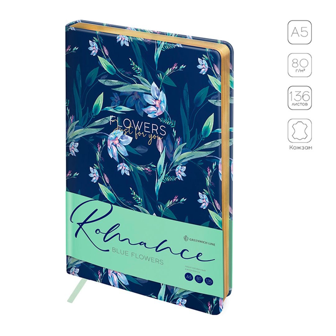 Ежедневник недатированный Greenwich Line "Romance. Blue flowers", A5, 136 л., кожзам, зол. срез / Ежедневники недатированные №3