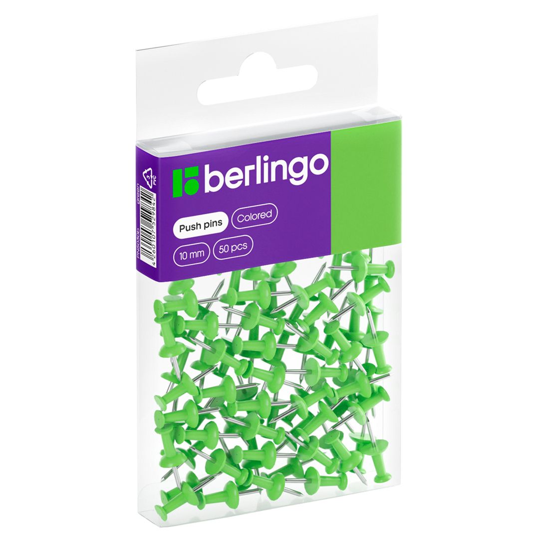 Кнопки силовые Berlingo, пластиковые, зеленые, 50 шт./уп / Кнопки, булавки для пробковых досок