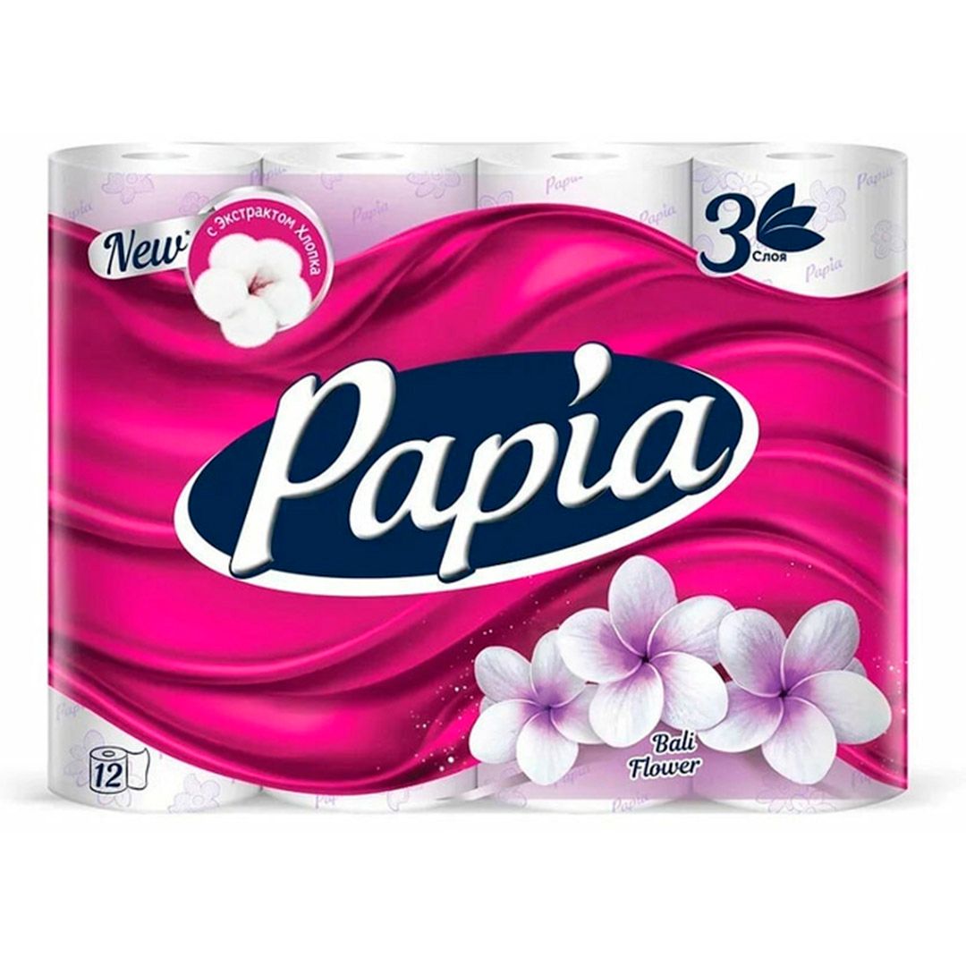 Туалетная бумага рулонная Papia "Bali flower", 16,8 метров, 3-х слойная, 12 рулонов, белая / Бумага туалетная бытовая