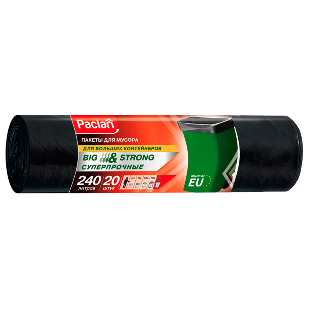 Мешки для мусора Paclan "Big&Strong" на 240 л, 20 шт. в рулоне, черные / Пакеты для мусора oe.kz Мешки для мусора Paclan "Big&Strong" на 240 л, 20 шт. в рулоне, черные / Пакеты для мусора