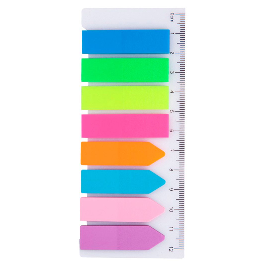 Закладки самоклеящиеся BG "Неон", пластиковые, 45*12/42*12 мм, 8 цветов НЕОН, с линейкой / Закладки самоклеящиеся