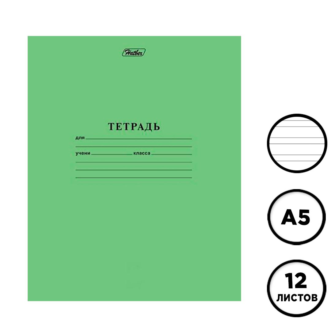 Тетрадь ученическая зеленая Hatber, 12 листов, в узкую линейку / Тетради школьные