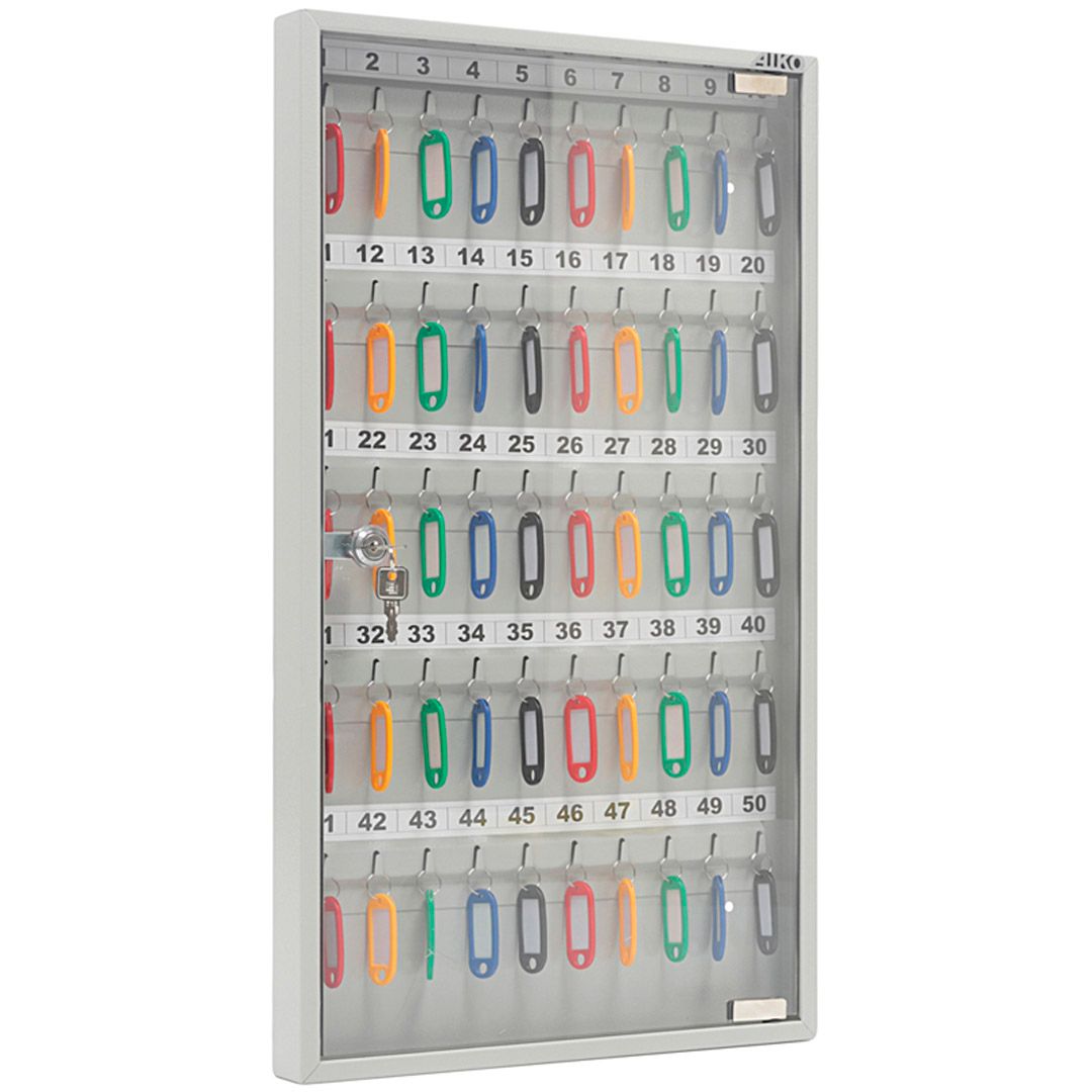 Ключница Aiko Key-50G на 50 ключей, 602*367*40 мм, стеклянная дверца, с брелоками, серая / Шкафчики для ключей, брелоки