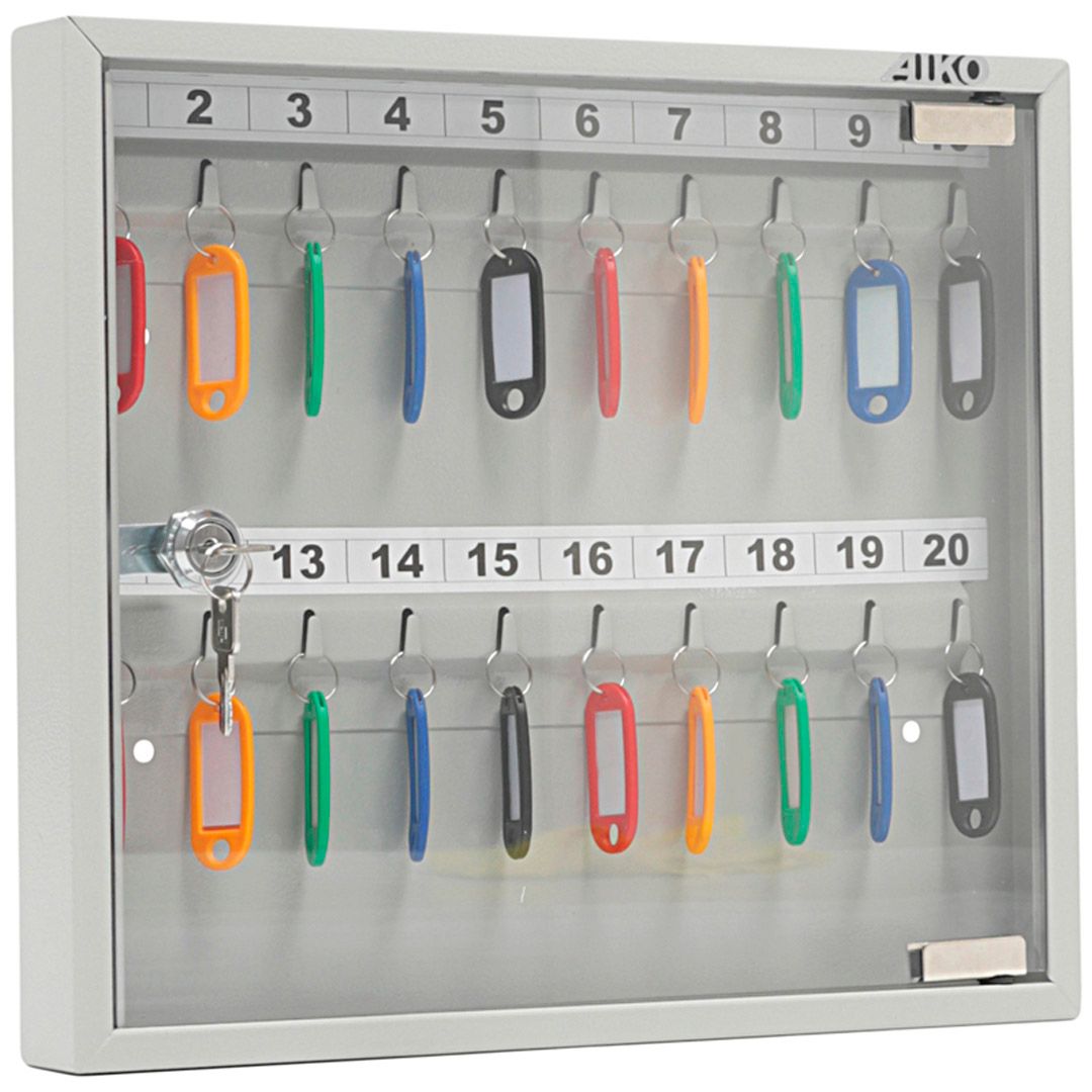 Ключница Aiko Key-20G на 20 ключей, 302*367*40 мм, стеклянная дверца, с брелоками, серая / Шкафчики для ключей, брелоки