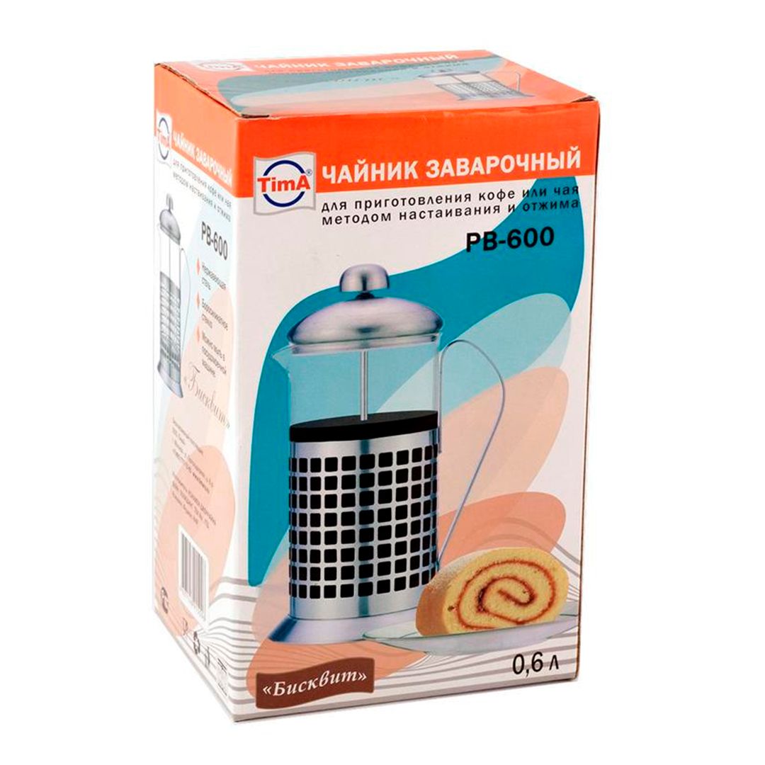 Френч-пресс Tima "Бисквит", 600 мл, из нержавеющей стали, стеклянная колба / Посуда столовая №2