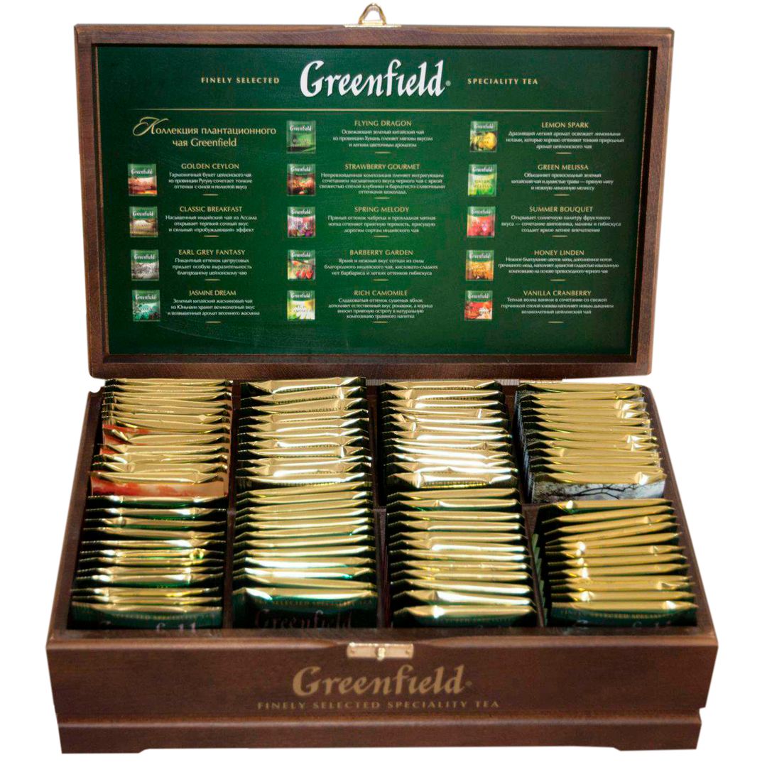 Greenfield шай жинағы, 8 дәм, 96 пакет, ағаш қобдиша