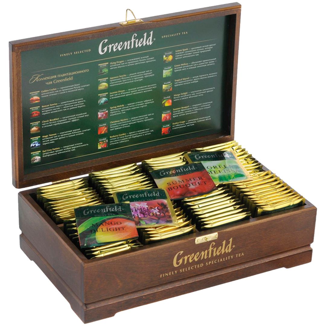 Greenfield шай жинағы, 8 дәм, 96 пакет, ағаш қобдиша / Қалташалардағы шай №2