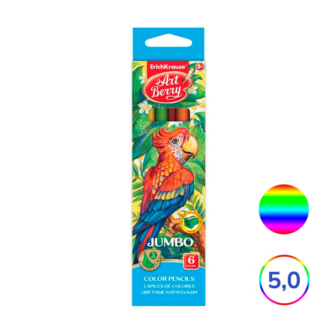 Карандаши цветные ArtBerry "Jumbo", трехгранная, с точилкой, 6 цветов / Цветные карандаши