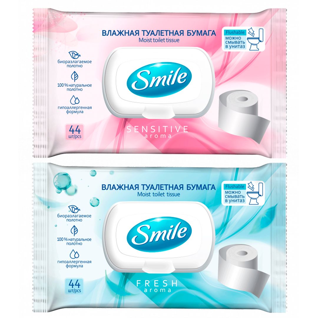 Туалетная бумага влажная Smile, с клапаном, ассорти, 44 шт/упак / Бумага туалетная бытовая