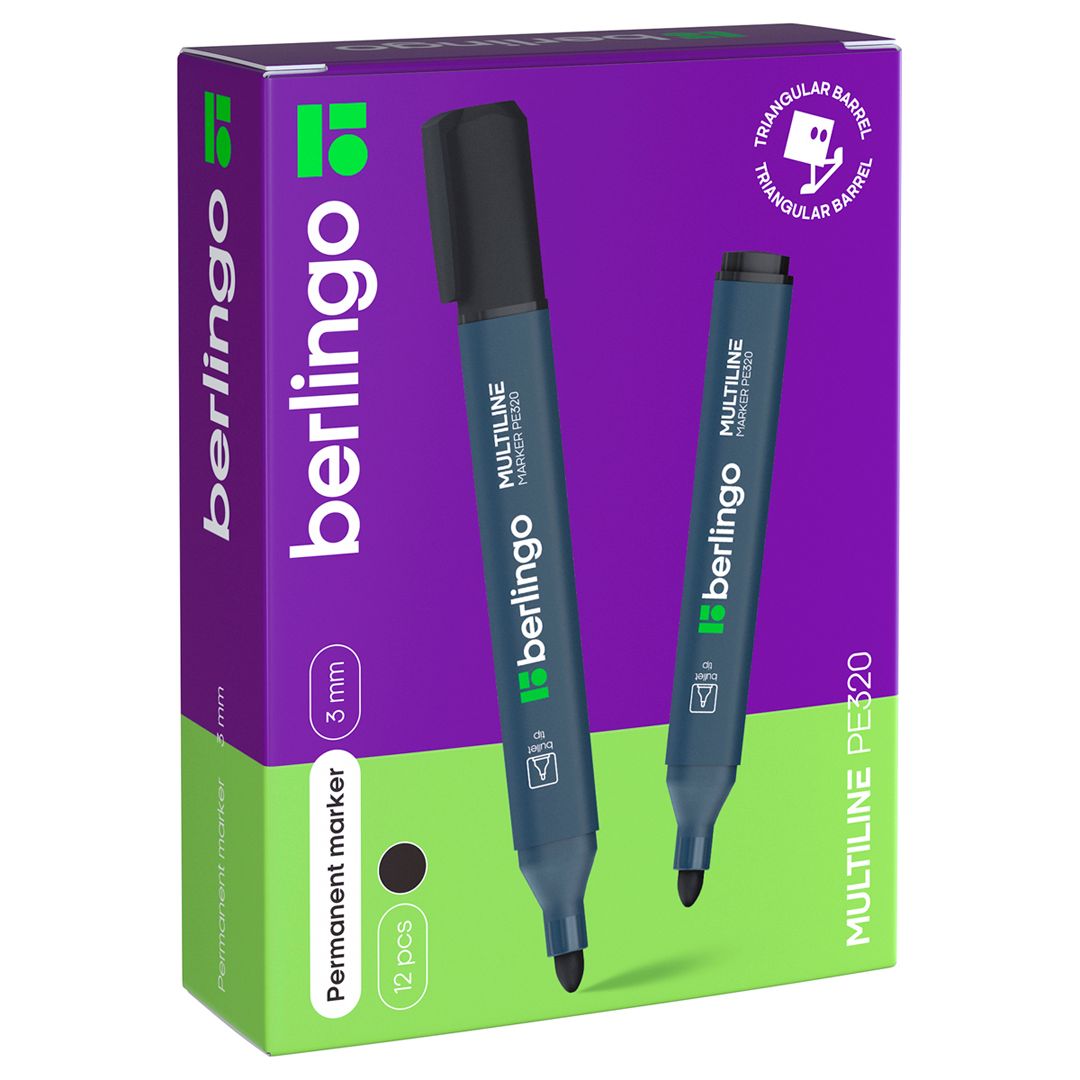Маркер перманентный Berlingo "Multiline PE320, пулевидный наконечник 3 мм, черный, цена за штуку / Маркеры перманентные нестираемые №3