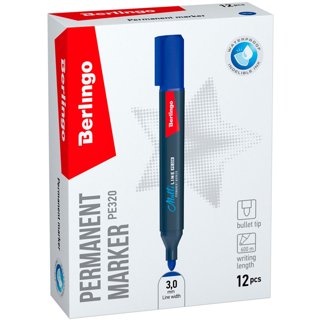 Перманентті маркер Berlingo "Multiline PE320, ұшы оқ тәріздес 3 мм, көк, баға бір дана үшін / Перманентті өшірілмейтін маркерлер №3