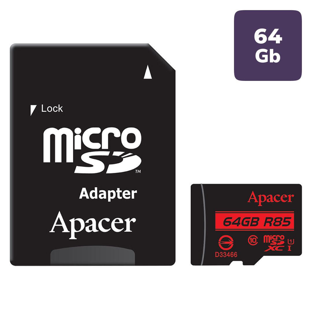 Карта памяти 64 Gb, Apacer "AP64GMCSX10U5-R", micro SDXC, 10 U1 класс скорости, с адаптером / Карты памяти