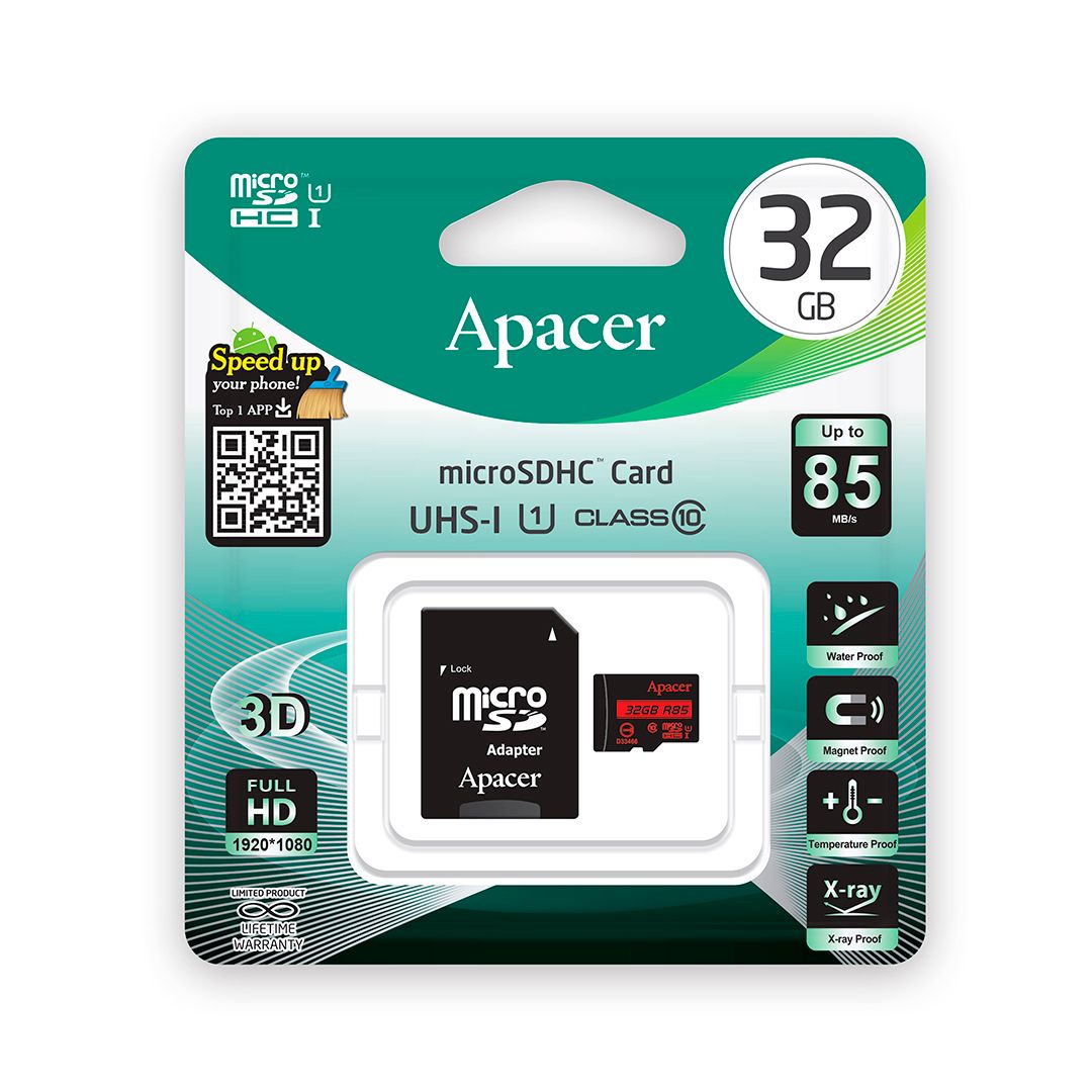 Жад картасы 32 Gb, Apacer "AP32GMCSH10U5-R", micro SDHC, 10 U1 жылдамдық класы, адаптермен