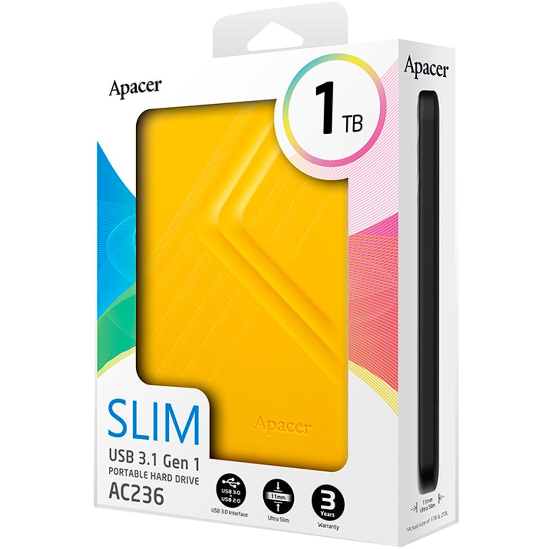 Жесткий диск 1 TB, Apacer AC236, 2.5", USB 3.1, HDD, желтый / Внешние жесткие диски №3